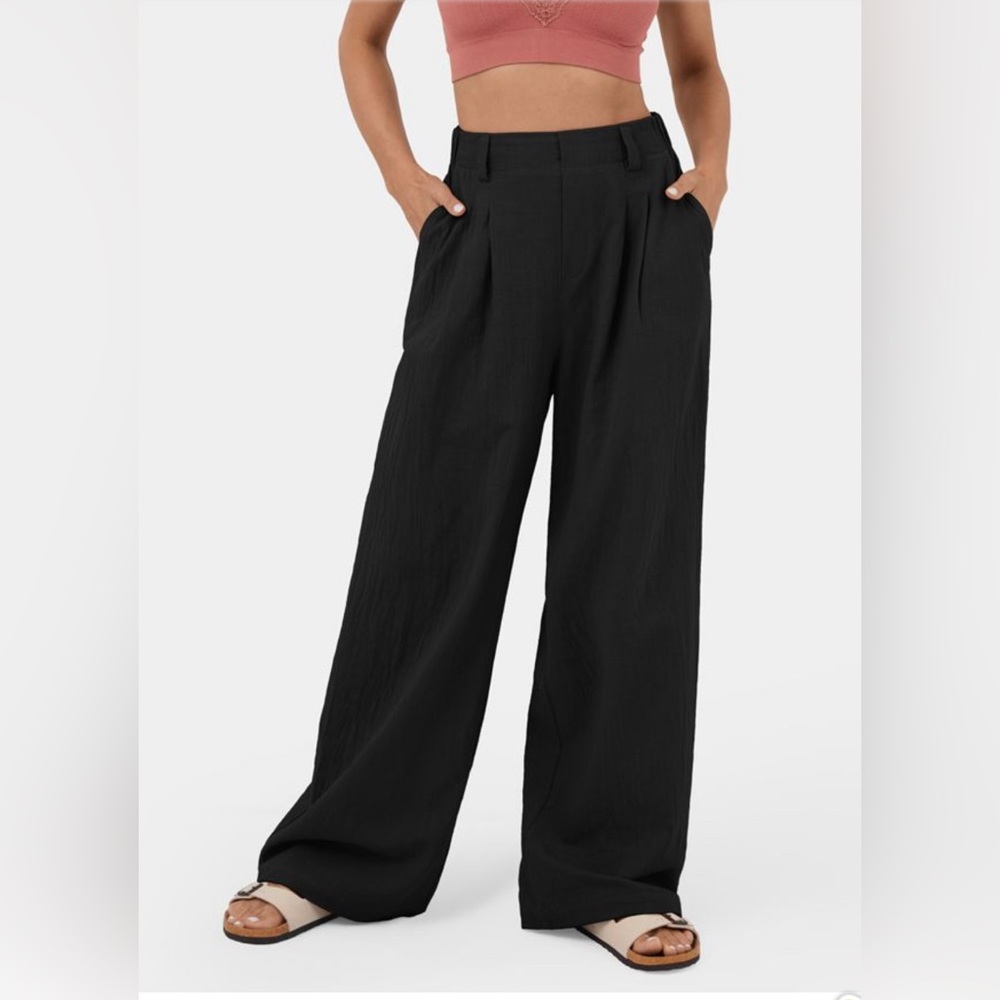 Halara High Waisted Side Pocket Wide Leg Solid Palazzo Casual Cotton Pants
